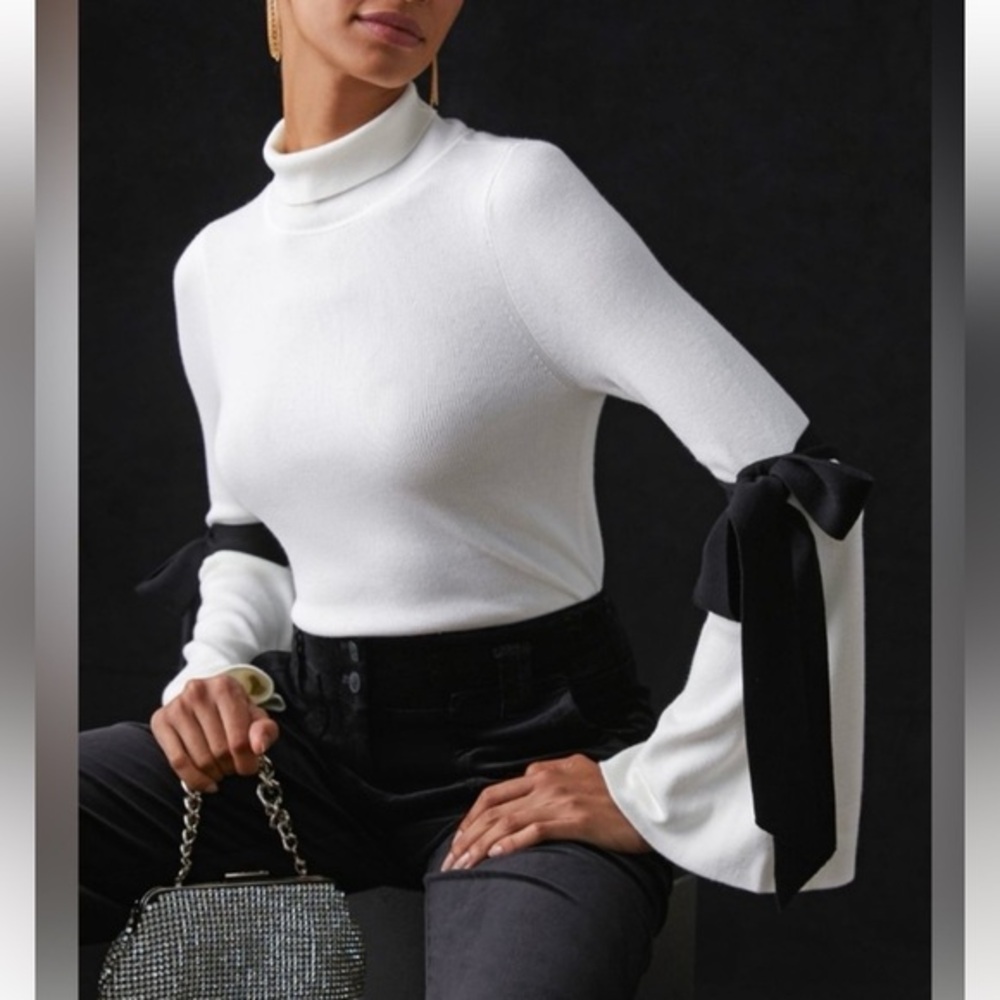 Maeve Anthropologie Cream Mock Neck Sweater with Flare Bell Sleeves & Arm Ties